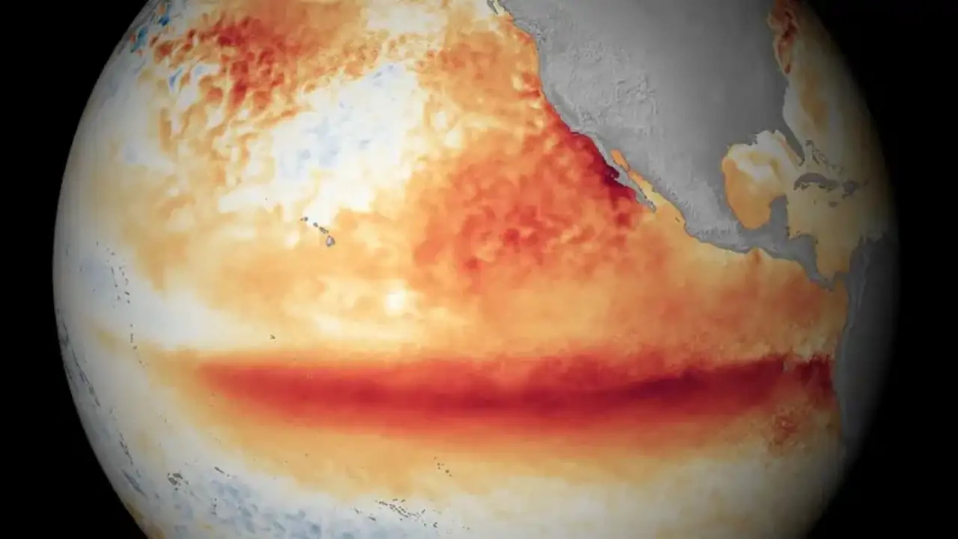 Un mapa del planeta señala altas temperaturas en la superficie del océano Pacífico vinculadas al fenómeno de El Niño, según datos del servicio Copernicus (Archivo)