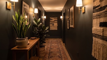 Pasillo de vivienda con paredes oscuras, apliques de luz dorados, cuadros, tapiz de pared, una planta sansevieria, una ficus y una alfombra larga.