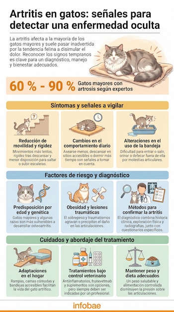 Infografía con ilustraciones de gatos y texto que explica las señales, factores de riesgo, diagnóstico y tratamientos para la artritis felina.