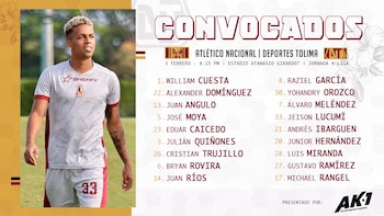 Convocados de Deportes Tolima Vs. Atlético Nacional - Liga BetPlay 2022-I (fecha 4)