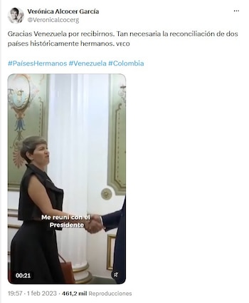 "Gracias Venezuela por recibirnos. Tan necesaria la reconciliación de dos países históricamente hermanos", escribió Alcocer en su cuenta de X el 1 de febrero de 2023, junto a un video en el que recopiló algunos de los momentos más importantes de su visita a Venezuela como primera dama en ese entonces - crédito @Veronicalcocerg/X