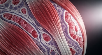 Fibras musculares con bandas rojizas y rosadas, y células redondas en tonos púrpura y blanco, bajo una luz intensa lateral sobre un fondo oscuro.