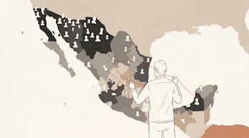 Ilustración de una persona de espaldas conectando con hilo rojo siluetas blancas sobre un mapa de México.