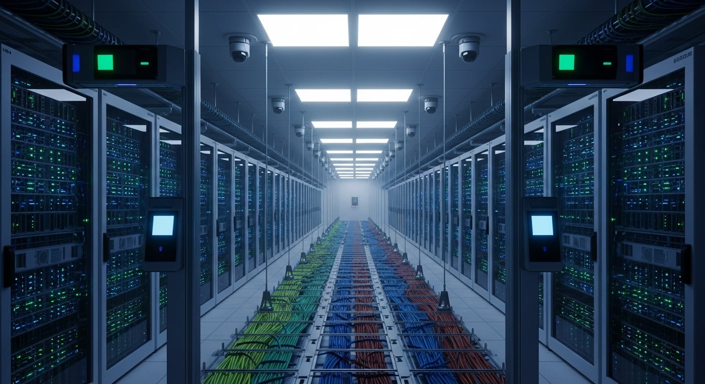 Vista interior de un centro de datos de alta tecnología con múltiples servidores y sistemas de seguridad avanzados. Los cables ordenados y la iluminación brillante resaltan la infraestructura crítica para la transmisión y almacenamiento de información digital a nivel mundial. (Imagen Ilustrativa Infobae)