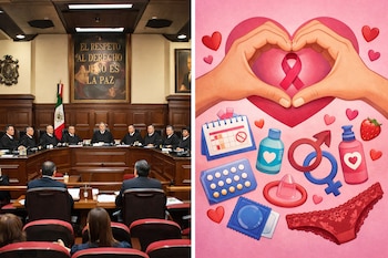 Composición de dos imágenes. A la izquierda, jueces de la SCJN en sesión; a la derecha, una ilustración con elementos de salud sexual como condones y pastillas.