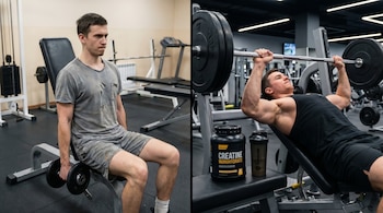 Un hombre en un gimnasio: a la izquierda, sentado con una mancuerna; a la derecha, recostado levantando una barra, con creatina y un shaker en el banco.