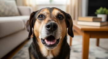 Primer plano de un perro de pelaje marrón, negro y tan con la boca ligeramente abierta y una expresión neutra, en una sala de estar.