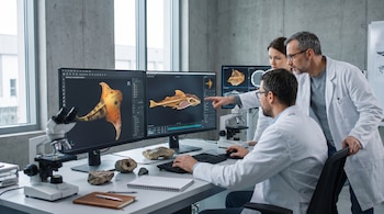 Tres investigadores con bata de laboratorio observan modelos de peces en monitores junto a un microscopio y fósiles sobre una mesa.