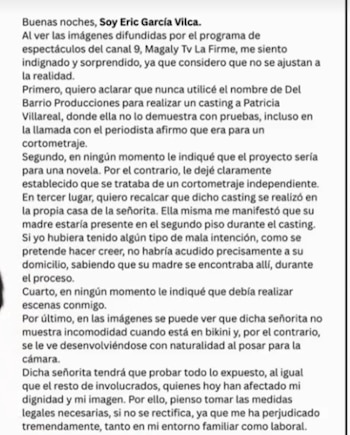 Comunicado de texto en formato digital sobre fondo blanco con el título "Buenas noches, Soy Eric García Vilca" y varios párrafos