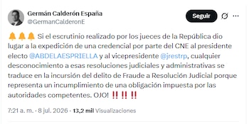 Germán Calderón España señaló que el saliente jefe de Estado elude el cumplimiento de una obligación impuesta por las autoridades competentes. La pena establecida es prisión entre uno y cuatro años y multas de cinco a 50 salarios mínimos - crédito @GermanCalderonE/X
