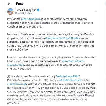 Dumek Turbay, alcalde de Cartagena le hace varias precisiones al presidente Gustavo Petro - crédito @dumek_turbay