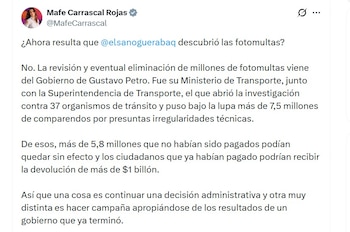 Según Mafe Carrascal, más de 7,5 millones de comparendos fueron puestos bajo revisión por presuntas irregularidades técnicas relacionadas con sistemas de fotodetección - crédito @MafeCarrascal/X