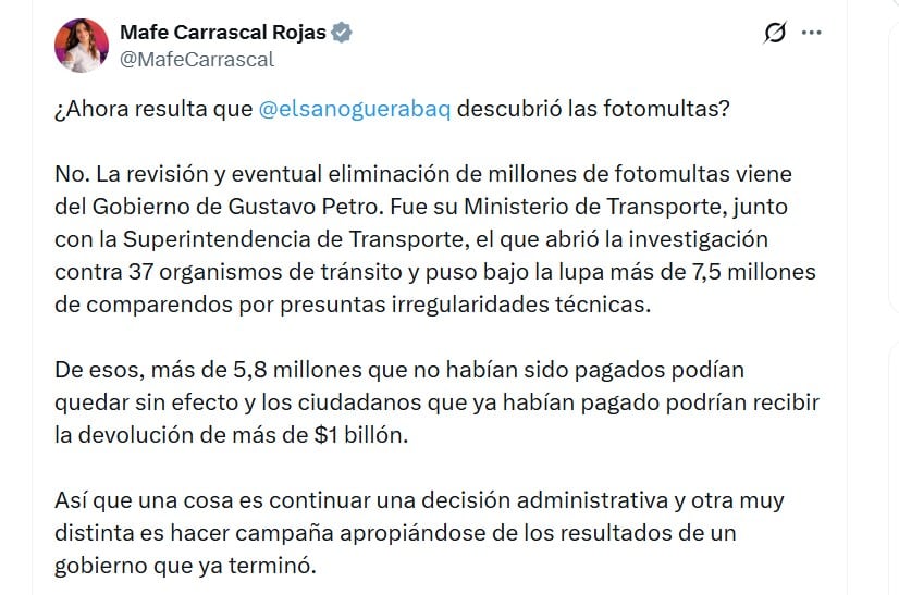 Según Mafe Carrascal, más de 7,5 millones de comparendos fueron puestos bajo revisión por presuntas irregularidades técnicas relacionadas con sistemas de fotodetección - crédito @MafeCarrascal/X