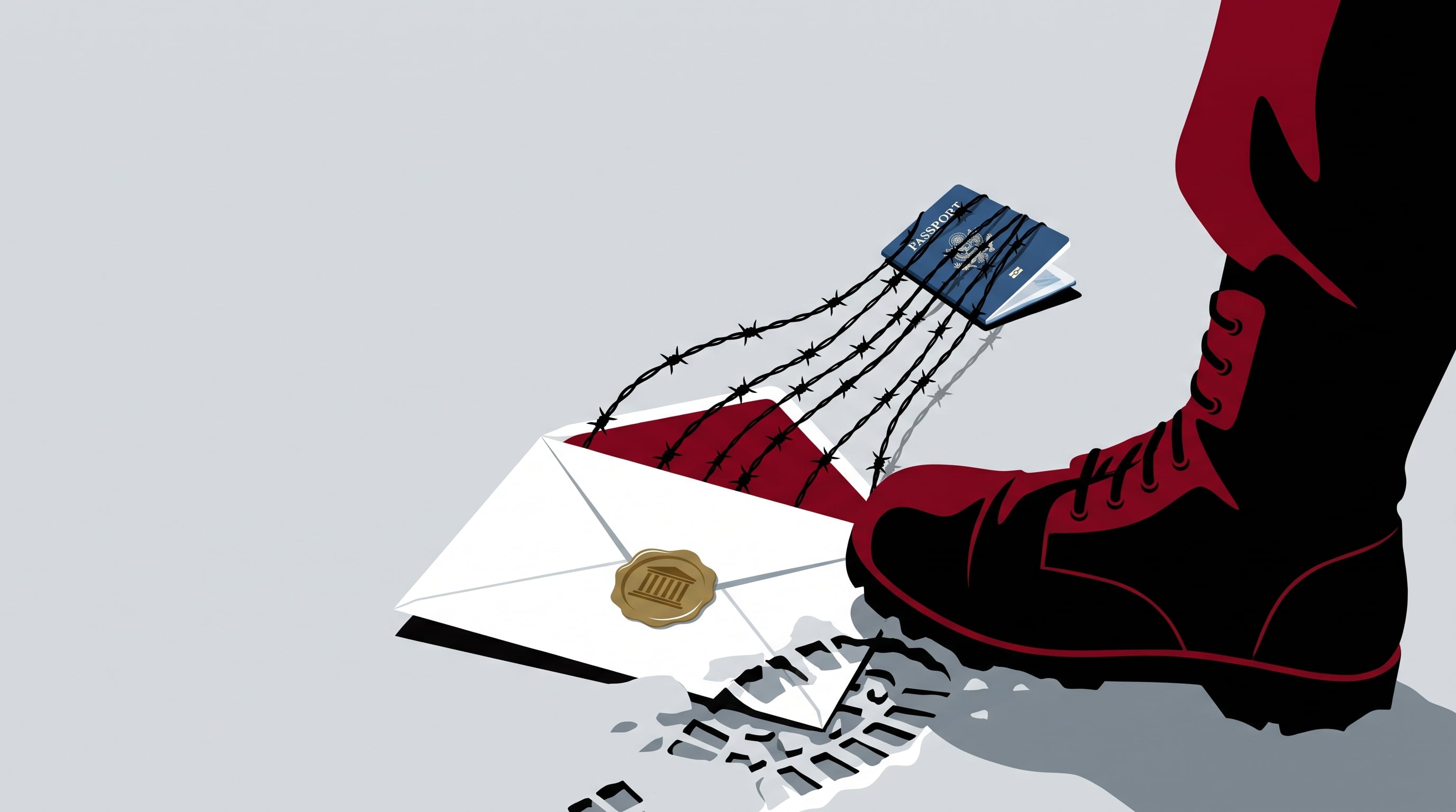 Una bota militar pisa un sobre lacrado del cual emergen alambres de púas que atrapan un pasaporte de Estados Unidos. (Imagen Ilustrativa Infobae)
