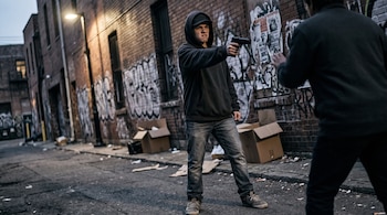 Un joven con capucha apunta una pistola a otra persona en un callejón con paredes de ladrillo, grafiti y cajas en el suelo.