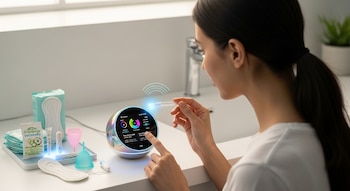 Una mujer interactúa con un dispositivo inteligente circular. Una bandeja cercana contiene toallas higiénicas, tampones y copas menstruales.