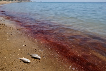 Dos peces muertos sobre la arena mojada junto a agua de mar teñida de color rojo oscuro en una playa.