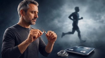 Un hombre de mediana edad rompe un cigarrillo en primer plano. Al fondo, una silueta difuminada de un corredor, una balanza digital y una cinta métrica.