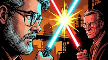 Dos hombres con gafas sostienen sables de luz que chocan, uno azul y otro rojo, frente a una estructura industrial con fondo naranja.