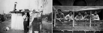 Dos fotos en blanco y negro con un hombre junto a una casilla de chapa y cinco hombres apoyados en la baranda de la caja de un camión