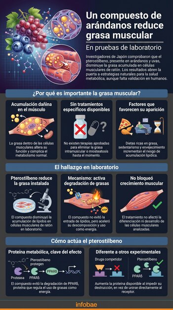 Infografía sobre un estudio científico con ilustraciones de arándanos, uvas, fibras musculares y diagramas explicativos sobre el pterostilbeno.