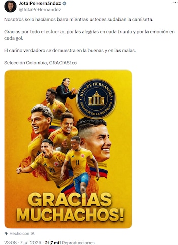 Jota Pe Hernández resaltó la entrega de la Selección Colombia tras su eliminación - crédito @JotaPeHernandez/X