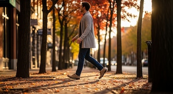 Vista lateral de un hombre caminando por una acera llena de hojas de otoño, con árboles de follaje naranja y amarillo y edificios borrosos al fondo.