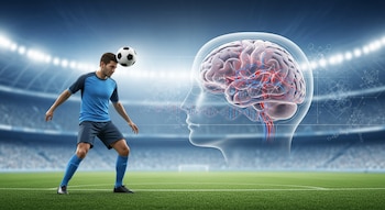 Un futbolista con uniforme azul cabecea un balón de fútbol en un estadio iluminado. A la derecha, un perfil de cabeza transparente muestra un cerebro con vasos sanguíneos.