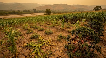 Vista de un campo agrícola con tierra seca y agrietada, plantas de maíz jóvenes y arbustos de café con bayas, bajo un cielo brumoso y colinas al fondo.