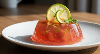 Postre individual de gelatina de color rojo claro con ralladura verde, decorado con dos rodajas de lima y una ramita de menta, servido en un plato blanco.