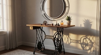 Tocador hecho de una mesa de máquina de coser antigua con un espejo redondo moderno y productos de maquillaje. Hay una planta y luz solar entrando por la ventana.