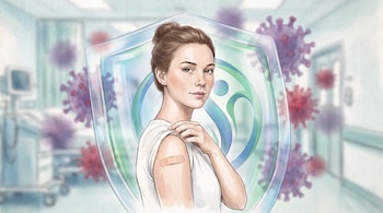 Una mujer con un parche en el brazo, dentro de un escudo transparente, con partículas de coronavirus flotando y un hospital difuminado al fondo.