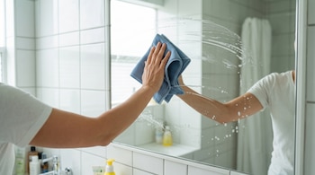 Una mano sostiene un paño azul sobre un espejo con residuos de espuma en un baño de azulejos blancos.