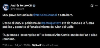 El representante Andrés Forero afirmó que las revelaciones confirman que el Gobierno limitó la acción de la Fuerza Pública y permitió el fortalecimiento del Clan del Golfo - crédito Andrés Forero/X