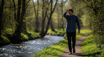 Hombre camina por un sendero de tierra junto a un arroyo, cubriendo su rostro con la mano de pequeños insectos volando. Vegetación verde y luz solar.