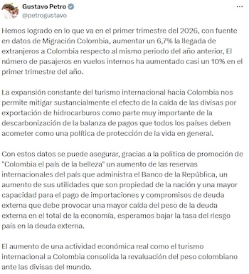 Petro se refirió a los resultados recientes del sector turístico y su impacto en la economía nacional. - crédito @petrogustavo/X