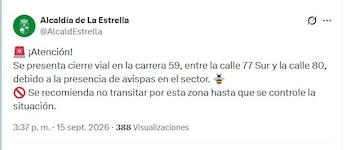 Las autoridades cerraron las vías, evacuaron a los civiles del perímetro y aislaron el enjambre durante la emergencia - crédito Alcaldía La Estrella/X