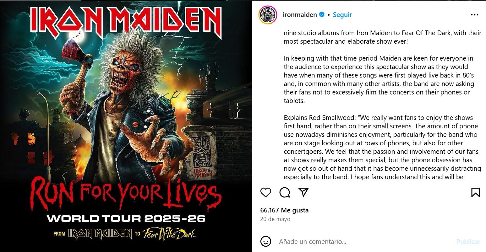 El día 20 de mayo de 2025 Rod Smallwood le pidió a los fans que vivieran los conciertos como en los años 80. (Créditos: Instagram / ironmaiden)