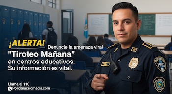 Oficial de la PNC de Guatemala en uniforme, señalando al frente en un aula con estudiantes y casilleros. Texto sobre alerta de reto viral 'Tiroteo Mañana'.