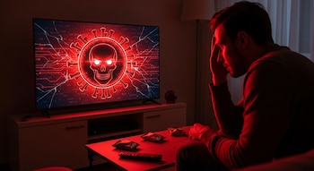 Hombre preocupado en una habitación oscura mirando una smart TV con un icono de calavera y virus en rojo. Una mesa de centro con aperitivos y un mando.