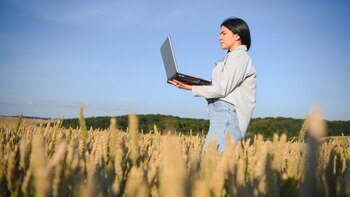 Mujer en el campo con computadora