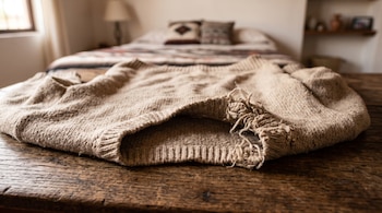 Suéter de lana beige con el cuello deshilachado colocado sobre una mesa de madera en un dormitorio.