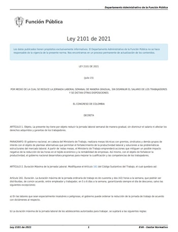 La Ley 2101 de 2021 estableció la reducción de la jornada laboral semanal de manera gradual, sin disminuir el salario de los trabajadores y se dictan otras disposiciones - crédito Función Pública