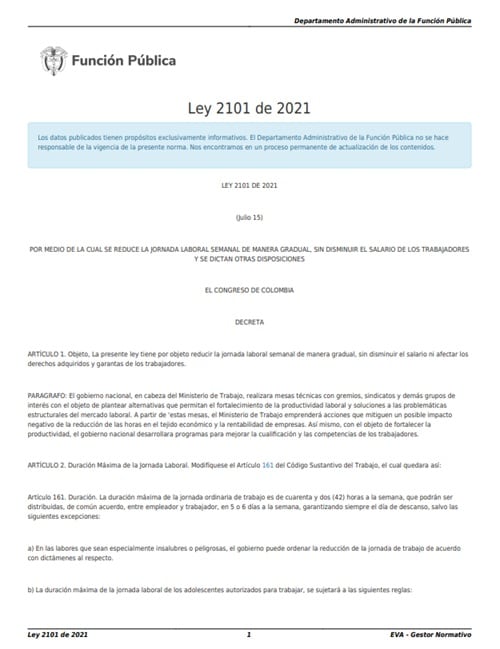 La Ley 2101 de 2021 estableció la reducción de la jornada laboral semanal de manera gradual, sin disminuir el salario de los trabajadores y se dictan otras disposiciones - crédito Función Pública