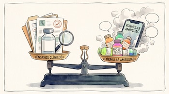 Una balanza lleva a la izquierda un frasco con documentos y a la derecha un teléfono celular con pequeños frascos de colores y humo.