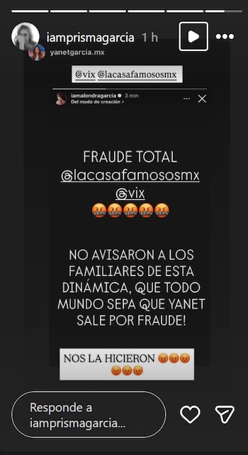 Captura de pantalla de una historia de Instagram con texto en blanco sobre fondo negro que denuncia un fraude y menciona cuentas de usuarios
