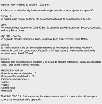 Servicio de TransMilenio 30 de