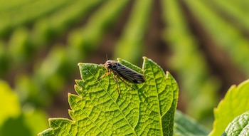 Insecto pequeño de alas claras sobre hoja de vid verde con gotas de agua, viñedo con surcos desenfocado de fondo.
