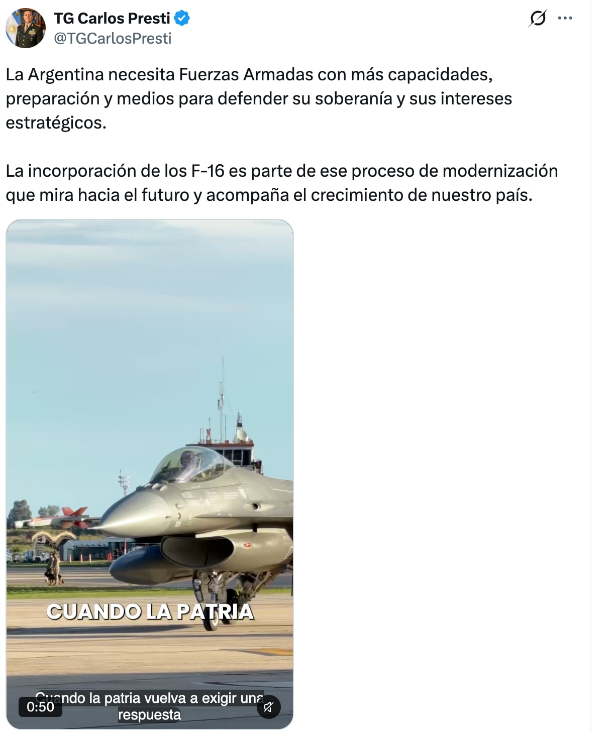 Posteo en X del ministro Presti, el viernes, destacando la compra de los F-16