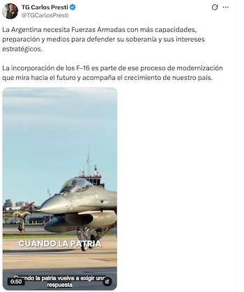 Posteo en X del ministro Presti, el viernes, destacando la compra de los F-16